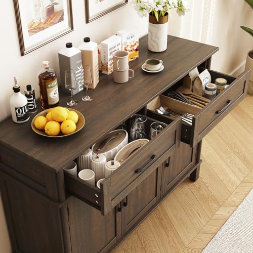 Image of ONBRILL 48 Inch Buffet Cabinet with Storage, Farmhouse Sideboard Buffet w /2 Drawers and 3 Doors, Wood Coffee Bar Cabinet with Adjustable Shelves, Sideboard Storage for Kitchen, Living Room, Brown