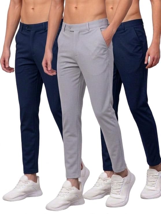 Image of Men Slim Fit Formal Trousers | Stylish Ankle Length Stretchable Office Pants | Men's Comfortable Slim Fit Trousers Combo Pack of 3