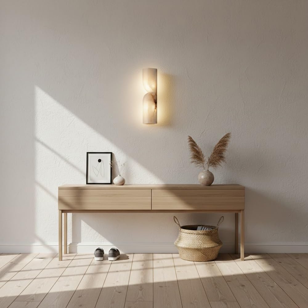 Lampa ścienna LED z naturalnego kamienia alabastrowego, oświetlenie w górę i w dół, idealna do sypialni, salonu, przedpokoju, przedpokoju, hotelu. (H35 cm (13,78"))