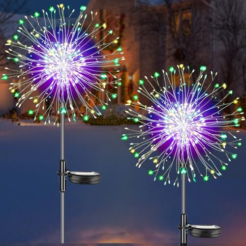 Redefun Solar Gartendeko 2 Stück 120LED Gartendeko Solar Gartenleuchten, 8 Modi Solarleuchte Feuerwerk Wasserdicht Gartenstecker Pusteblume...
