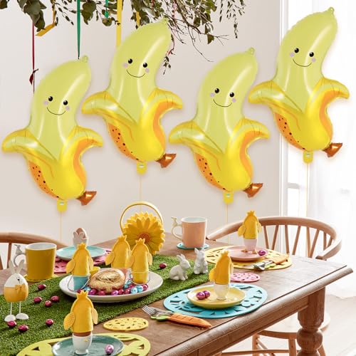 Image of AIQINHU 6 Pcs Cute Banana Foil Balloons, 28 Inch Large Cute Fruit Mylar Balloons for Banana Themed Party Decoration Birthday Baby Shower (Pack of 2)
