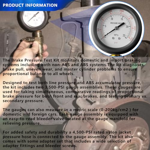 Universal Brake Oil Pressure Gauge Set, 0-3500 PSI Car ABS Hydraulic Oil Pressure Gauge, Brake System Test Gauge, Service Tool - Image 6