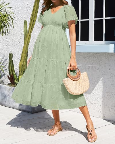 Image of Pinup Fashion Maternity Summer Dress Baby Shower Easter Pregnancy A-Line | Smocked V-neck, flutter sleeves, breathable floral fabric, bump friendly, perfect for photoshoot, spring casual,postpartum