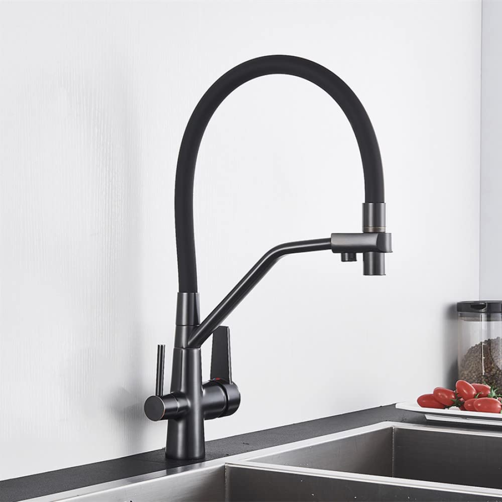 Grifo caliente y frío Grifo del fregadero de la cocina Grifo Mezclador de filtro de agua pura Grúa Manijas dobles Purificación de la cocina, negro mate B, talla única