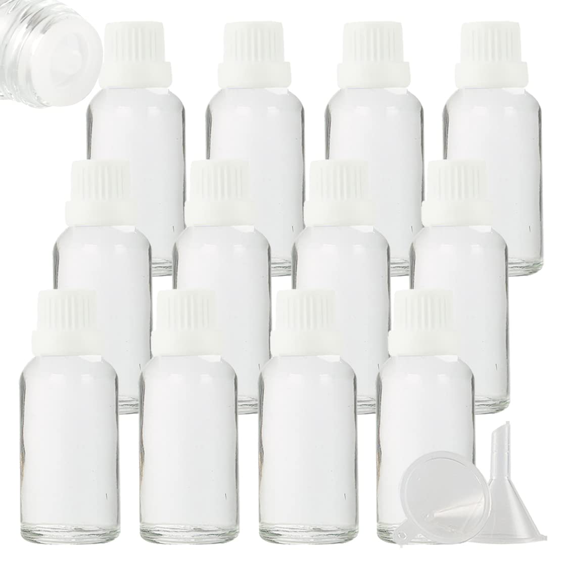 24 Piezas 30ml Botella de Cristal Transparente con Tapón Cuentagotas Blanco con Obturador, Frasco de Vidrio con Tapón a Rosca a Prueba de Manipulaciones para Cosmético, Aromaterapia, Viajes