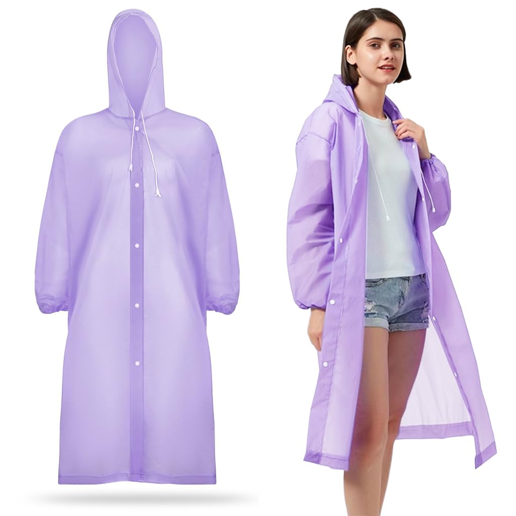 PALAY EVA Rain Poncho, Reusable Hooded Waterproof Cover, Pack of 2, Purple