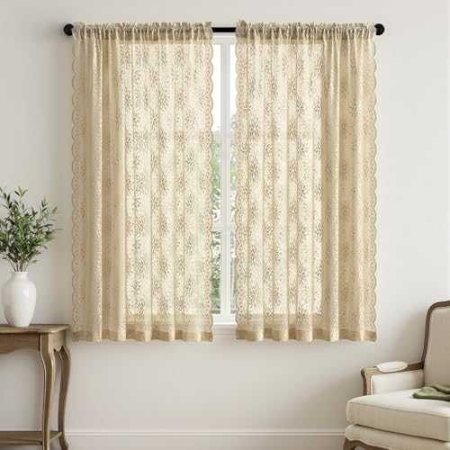 Image of MIULEE Vintage Floral Scalloped Lace Curtains 2 Panels, Beige 52 inch W x 63 inch L