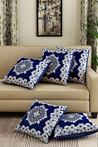 Image of Fab Nation Cushion Handloom Cover Set of 5 for Home Decor | Handcrafted Floral Traditional Design | Pillow Cover 16x16inch for Bedroom Sofa,Chair, Diwali, Occasions| Rectangle Shape (Dark Blue)