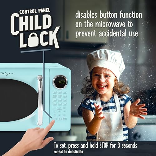 Nostalgia Retro Microwave Oven - 0.7 Cu Ft, 700-Watt Countertop Size with Glass Turntable, Child Safety Lock, 8 Auto-Cook Programs, Digital Clock - Aqua
