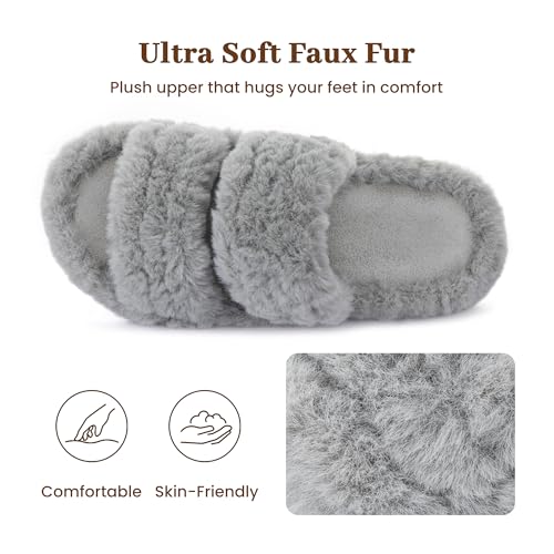 Image of RockDove Women's Pluffie Open Toe Slippers | Arch Support & Memory Foam, Cozy Faux Fur, Gift-Ready Design, Indoor & Outdoor Comfort