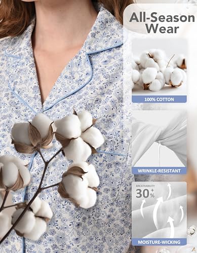 Image of NAP BOUND 100% Cotton Pajamas for Women 2 Piece PJs Set Long Sleeve Button Down Breathable Woven Sleepwear Loungewear XS-XXL