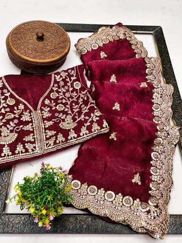 Image of Yashika Women's Organza Satin Butti Work With Zari Lace Border Embroidered Saree| Women Sari