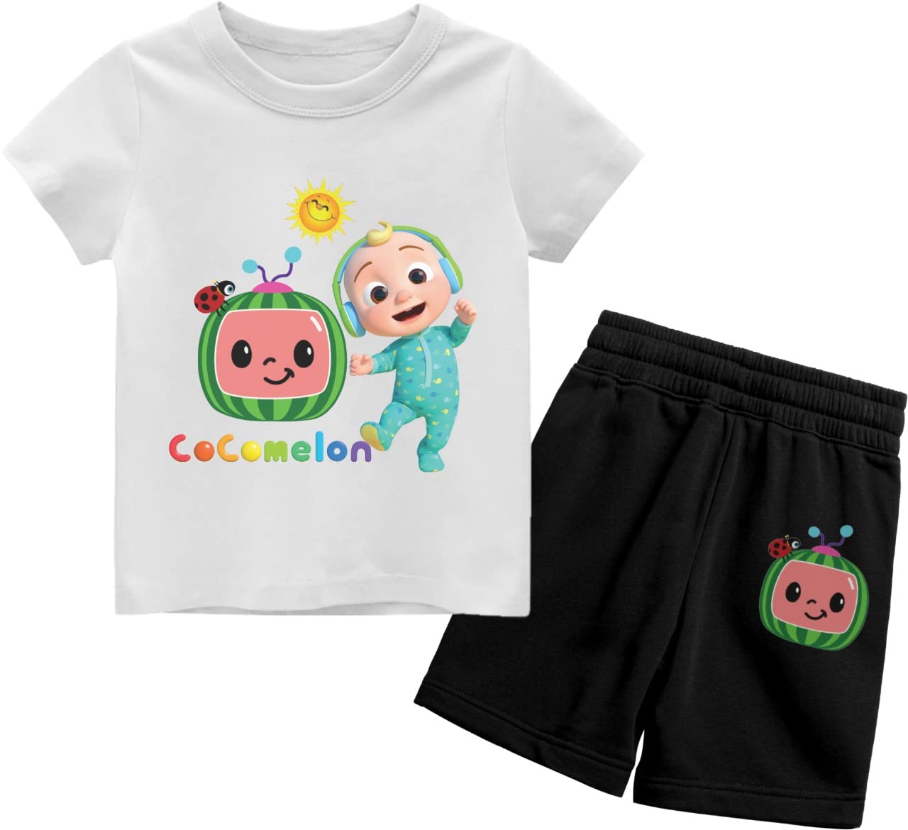 CoComelon Cartoon Round Neck Top and Short Sets,100% Cotton Boys and Girls Baby Toddler T-shirt and Short. (1-2 Years, White)