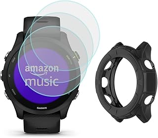 SHUAXI Watch Screen Protector (3+1Pack) Compatible with Garmin Forerunner 255 / Forerunner 255 Music, Tempered Glass Film Anti-Scratch High Definition Full Coverage and Soft TPU Protective Case
