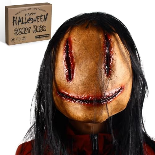 Homgaty Halloween Scary Mask with Hair - Creepy Ghost Face for Adults, Realistic Mask with Creepy Eyes & Mouth