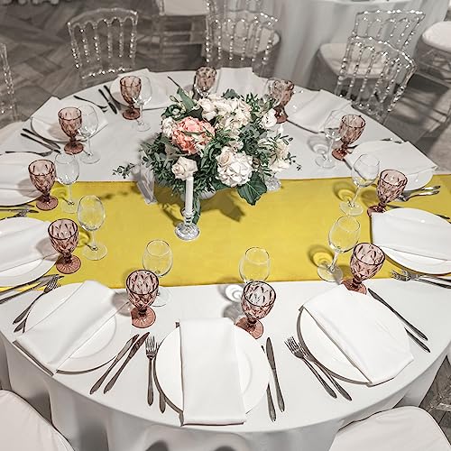 Image of 12 Pack 12x108 Inch Satin Table Runner and 84 Inch Round Plastic Tablecloths Set White and Gold Disposable Round Table Cover for Graduation Wedding Bridal Shower Anniversary Birthday Party Decorations