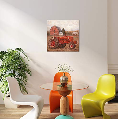 Red Old Tractor Picture Rustic Red Barn Wall Art Print Farmhouse Canvas Painting Framed Vintage French Country Posters For Living Room Kitchen Dining Room Bedroom Home Decorations 24"X24" Square #TOP5
