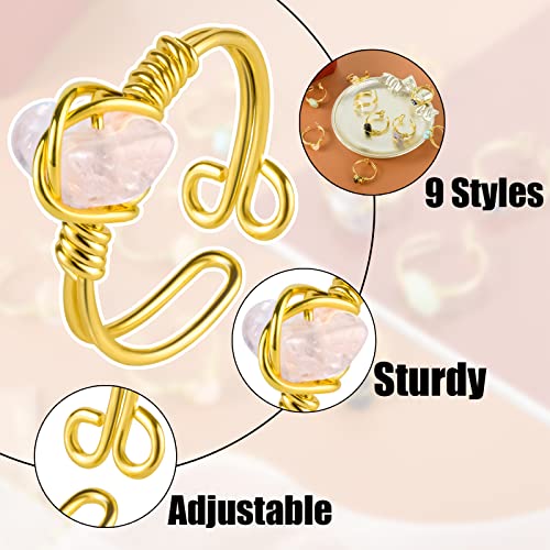 9 PCS Healing Crystal Ring, Adjustable Wire Wrapped Rings Irregular Gemstone Rings Set for Women3