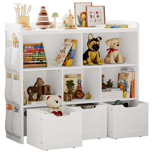 IRONCK Toy Storage Organizer with 3 Movable Drawers, Multifunctional Floor Storage Cabinet Toy Chest with 5 Storage Cubbies, Bookcase for Bedroom and Playroom, White