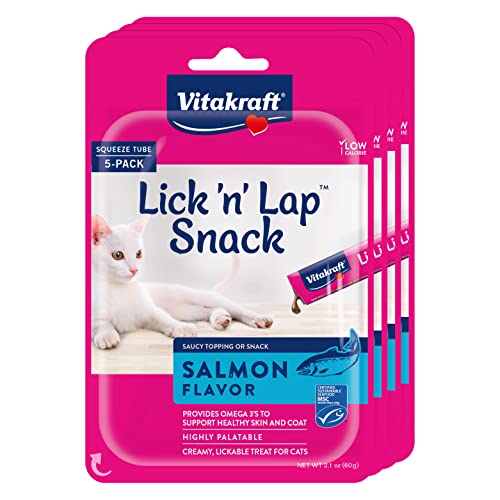 Vitakraft Lick ‘n’ Lap Salmon Flavor Cat Treats, Highly Palatable Wet Pet Snack, 4 Packs of 5 Grab-n-Go Squeeze Tubes…