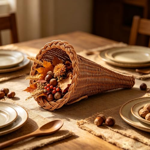 Lovskoo Rattan Cornucopia Basket 11" Fall Horn Of Plenty Woven Basket - image 3