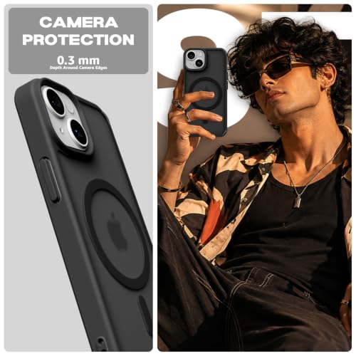 Image of Pikkme Back Cover for iPhone 13 / iPhone 14 | Mag-Safe Compatible | Smoke Frosted Transparent Matte Finish | PC + TPU | Shockproof | Camera Protection Bumper Case (Black Smoke Mag-Safe)