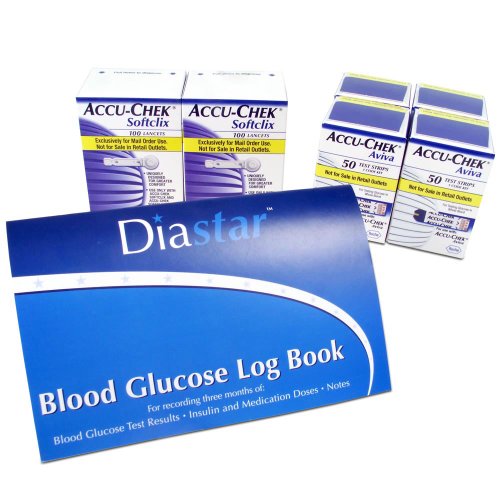 Accu Chek Aviva Test Strips Value Bundle: 4 packs of Aviva 50-count Test Strips, 2 100 ct Boxes of ACCU-CHEK Softclix Lancets, 1 30 Day Glucose Logbook