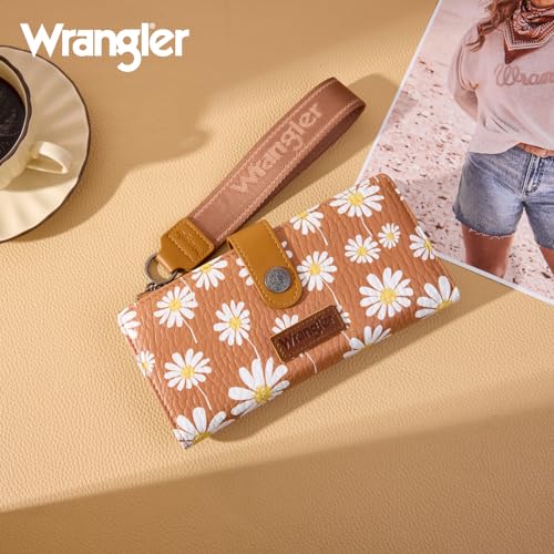Image of Montana West X Wrangler Brown Wristlet Wallet for Women Daisy Floral Wallet Large Capacity Clutch Wallets with Smooth Zipper and ID Window