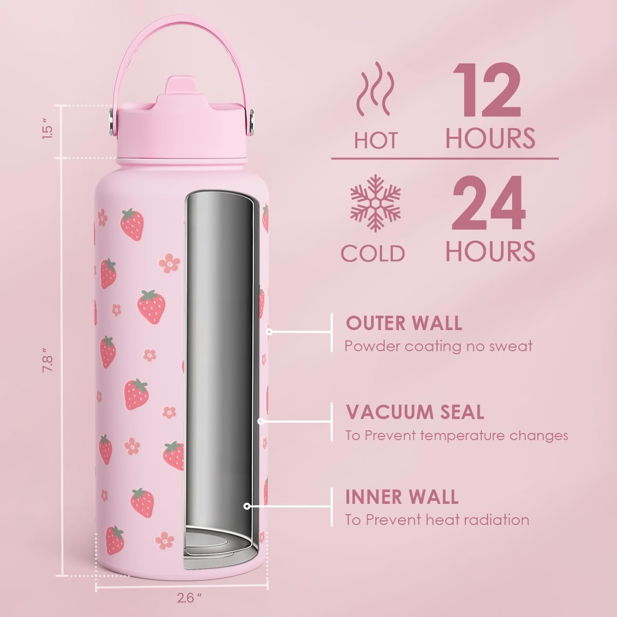 Strawberry Water Bottle 32oz Stainless Steel with Lid & Straw, Insulated Bottles for Women Girls, Gifts Ideas for Birthday Christmas - Image 6