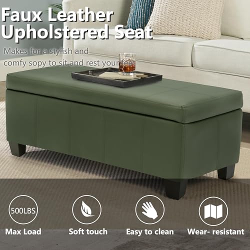 Image of 51 Inch Storage Ottoman, Storage Bench with Safety Hinge, Upholstered Synthetic Leather Ottoman Bench for Bedroom, Living Room, Entryway, Hallway, Foot Rest, Support 500lbs