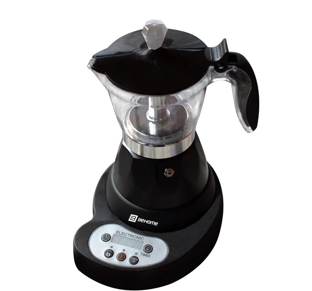 BEHOME Cafetera Italiana Eléctrica 3 Tazas, Moka Espresso Automática con Reductor de 1 Taza, Auto Apagado, Base Giratoria 360°, Negra