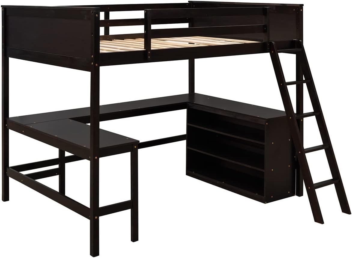 CARBRO Full Size Loft Bed with Shelves & Desk, Wooden Loft