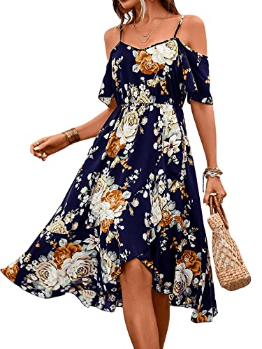 SweatyRocks Women's Floral Print Short Sleeve Cold Shoulder Dress Asymmetrical High Low Ruffle Midi Dresses Navy Blue L