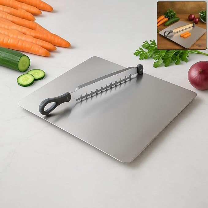 Image of Cut N CHOP Stainless Steel Kitchen Cutter & Chopping Board - Multipurpose 2-in-1 Knife and Cutting Board Tool for Fast, Safe & Effortless Chopping, Slicing and Dicing
