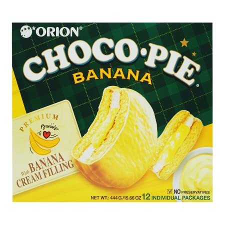 Orion Choco Pie Banana Flavor, Sweet and Soft Banana Puree, Marshmallow Cupcake Dessert 0g TRANSFAT, 12 Individual Packs