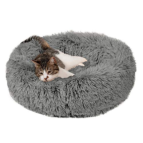 Furhaven-23-Round-Calming-Donut-Dog-Bed-for-Indoor-Cats-Small-Dogs-Washable-For-Dogs-Up-to-20-lbs-Shaggy-Plush-Long-Faux-Fur-Donut-Bed-Gray-Small-230L-x-230W-x-90Th
