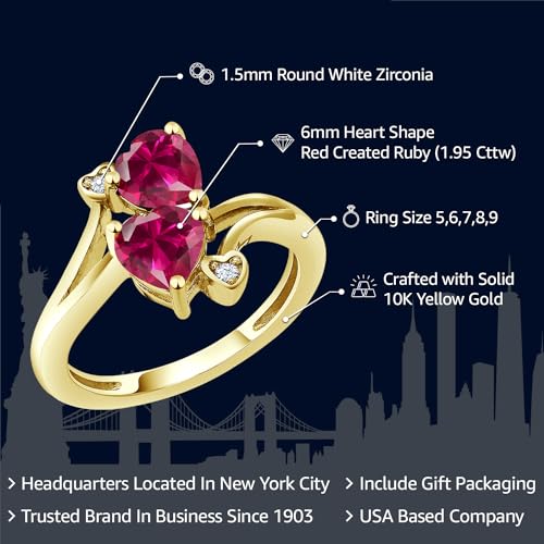 Gem Stone King 1.95 Cttw 10K Yellow Gold Red Created Ruby 2 Heart Shape Engagement Ring For Women | 6MM Heart | Wedding Anniversary Promise Ring | Available in size 5, 6, 7, 8, 92