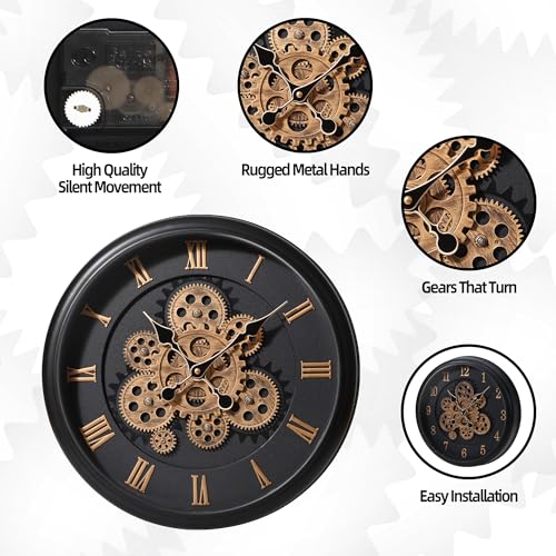 16 Black Roman Numeral Gear Wall Clock
