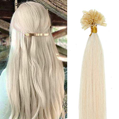 SEGO Nail Tip Remy Human Hair Extensions Pre Bonded U Tip Hair Extensions Human Hair Highlight Silky Straight Hair Extensions 100 Strands/Pack #60 Platinum Blonde 20 Inch 50g WL