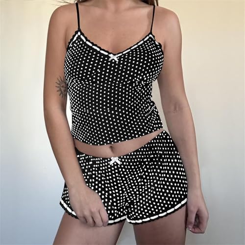 Image of Yuemengxuan Women Y2k Polka Dot Pajamas Sets 2 Piece Sexy Summer Outfits Set Sleeveless Strappy Cami Top Crop Top Shorts Set