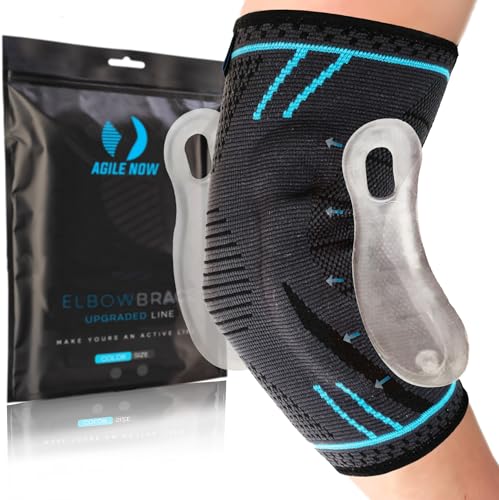 AGILE NOW Elbow Support Upgraded Stabilises & Protects Joints - Non-Slip Tennis Elbow Bandage with Curved Gel Pads - Suitable for All Sports Such as Tennis, Weightlifting & Golf (L | Blue)
