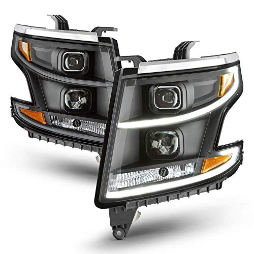 [For 2015-2020 Chevy Tahoe Suburban Halogen Models] OLED Neon Tube Black Housing Projector Headlight Housing Headlamp Assembly Replacement, Driver & Passenger Side