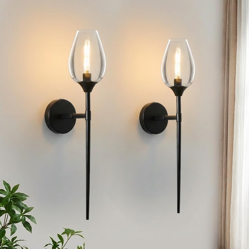 Modern LED Wandleuchte Innen, 2er Set Kreativ Weinglasform Glas Wandlampe Warmweiß, Wandlicht Wandbeleuchtung für Schlafzimmer Wohnzimmer Treppenhaus Badezimmer (Schwarz)