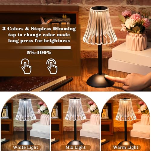 Image of Liliful 2 Pcs Cordless Table Lamp Rechargeable Touch LED Small Gold Portable Battery Operated USB-c Desk Lamp 3 Color Dimmable for Bedroom Living Room Dining (Black,Rose Style)