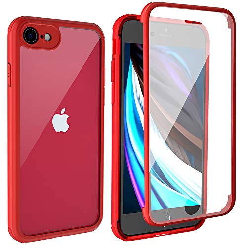 LOFTer Coque iPhone Se 2020 avec Protège-écran Housse Intégré en Verre Trempé 360 Degré Full Body Protection Etui iPhone 8 Antichoc Transparent Robuste Bumper Case pour iPhone Se 2020/8 4.7" Rouge