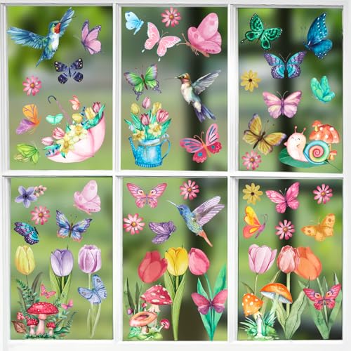 83Pcs Spring Window Stickers Floral Hummingbird Butterfly Window Stickers Easter Double-Sides Window Clings for Glass Window Decals Anti-Collision Reusable & Removable