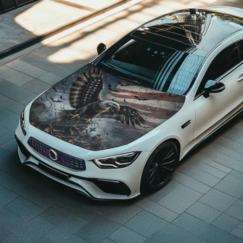 Image of American Flag Eagle Halloween Graveyard Print Car Hood Cover Protector 59x39 Inch Stretchable Auto Hood Wraps Waterproof Halloween Automotive Exterior Accessories for Most SUV Sedans Trucks