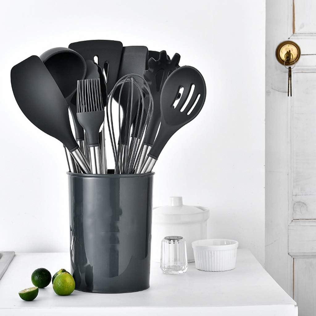 Silikon-Besteckset, Silikon-Küchenutensilien-Set, Kochutensilien-Sets mit Halter – 11-teilig, Holzgriff, antihaftbeschichtetes Kochgeschirr, Kochutensilien, spülmaschinenfest, Schwarze