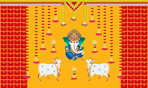 Image of Marigold Flower with Cows and Ganesh ji Design Backdrop Cloth for Pooja Decoration Traditional Background Curtain Cloth for Festival Size 5 Feet Height and 8 Feet Width(5 * 8)