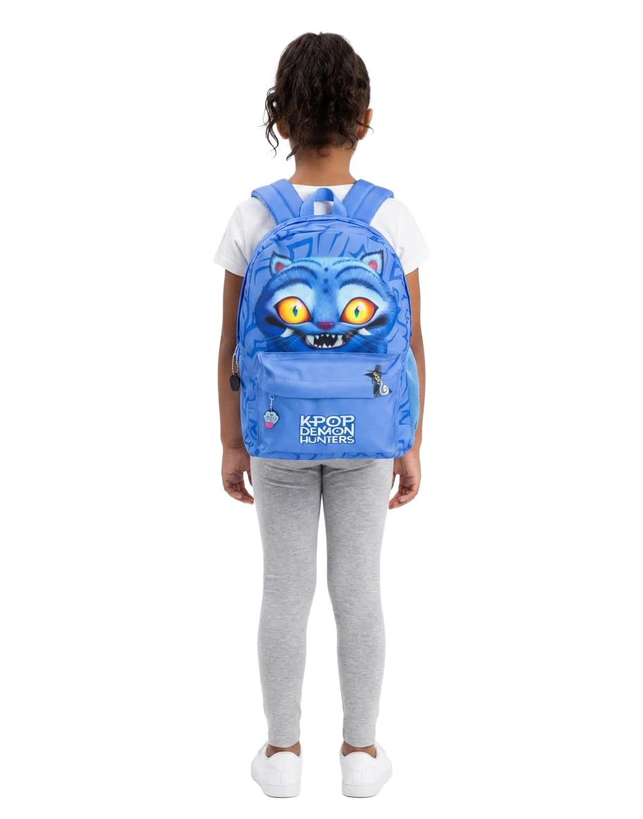 KPop Demon Hunters Mochila azul Derpy Tiger de K-Pop | Mochila escolar infantil con bolsillo frontal con cremallera | Correas acolchadas para los hombros y correa para el pecho | Merchandising
